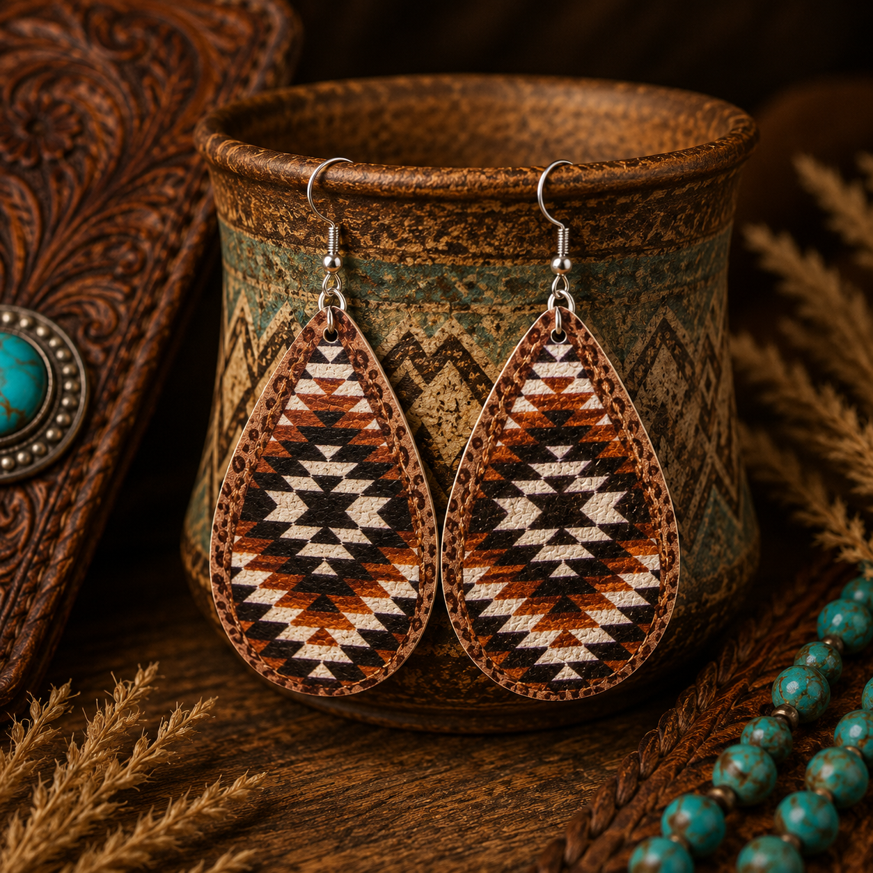 Rustic Aztec Teardrop Leather Earrings | Western Boho Statement Earrings