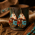 Western Turquoise Patchwork Teardrop Earrings | Cow Print & Leopard Statement Earrings