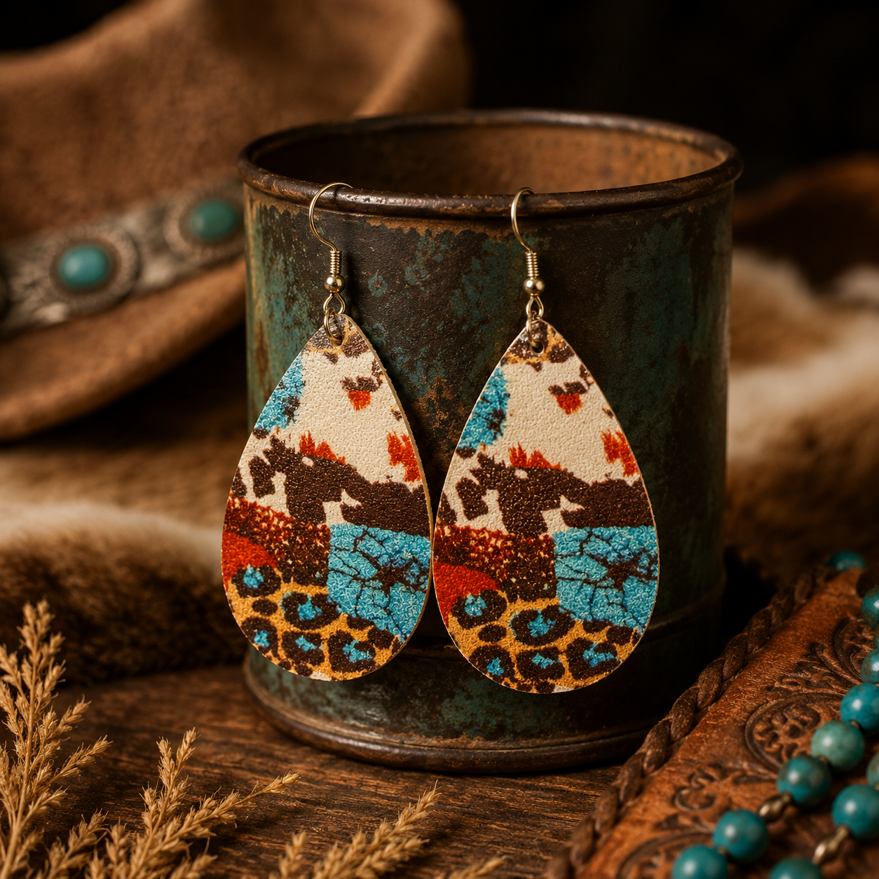 Western Turquoise Patchwork Teardrop Earrings | Cow Print & Leopard Statement Earrings