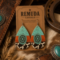 Turquoise Concho Cowhide Teardrop Earrings | Western Boho Statement Earrings