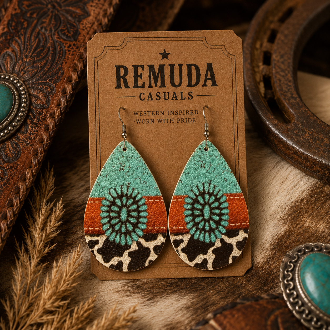 Turquoise Concho Cowhide Teardrop Earrings | Western Boho Statement Earrings