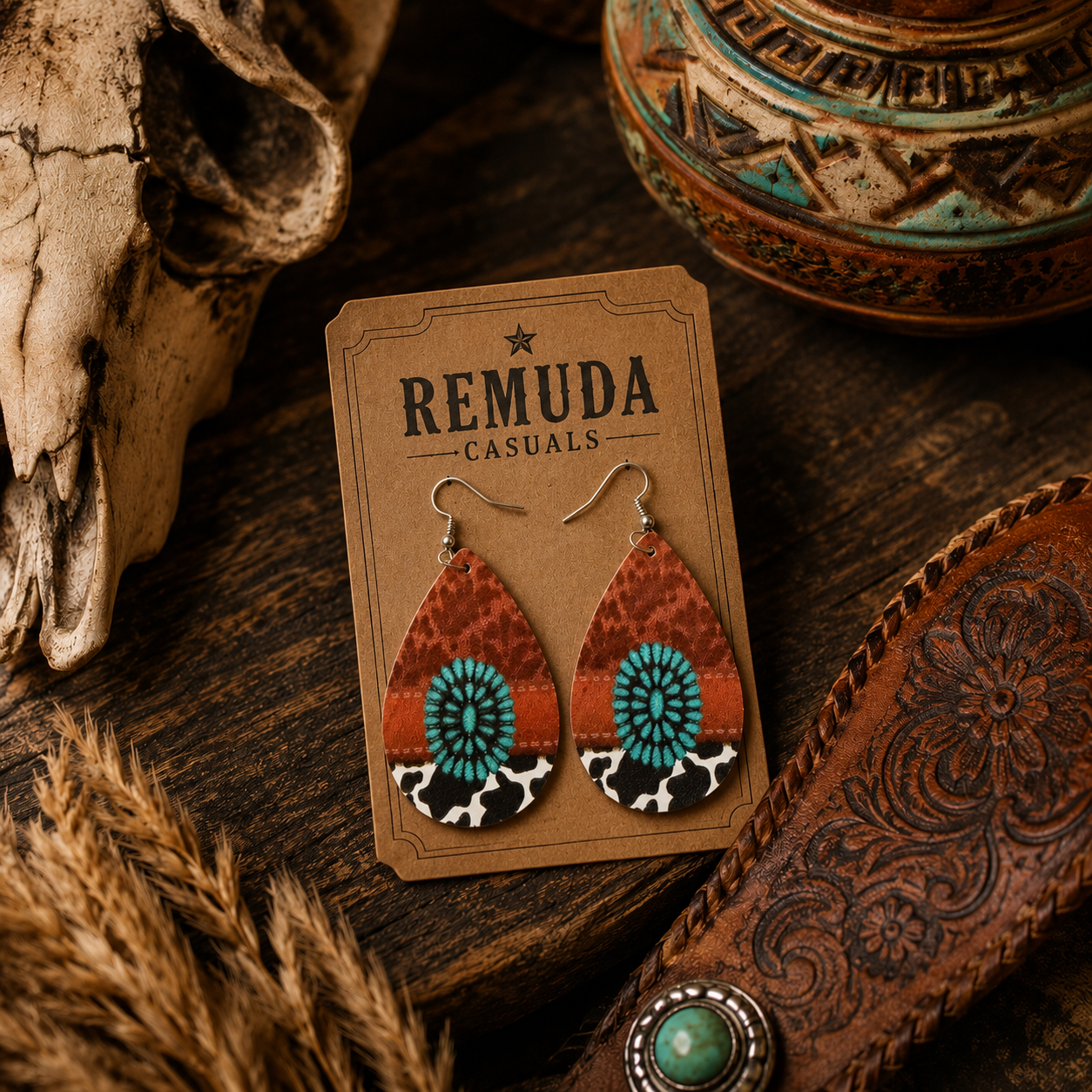 Western Turquoise Cow Print Teardrop Earrings