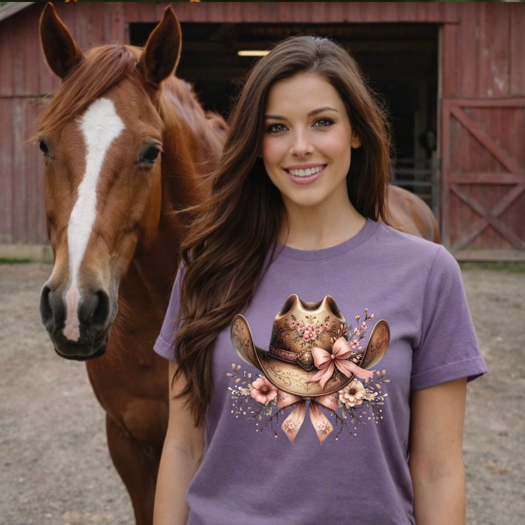 Vintage Floral Cowgirl Hat Graphic Tee | Western Boho Lavender T-Shirt for Women